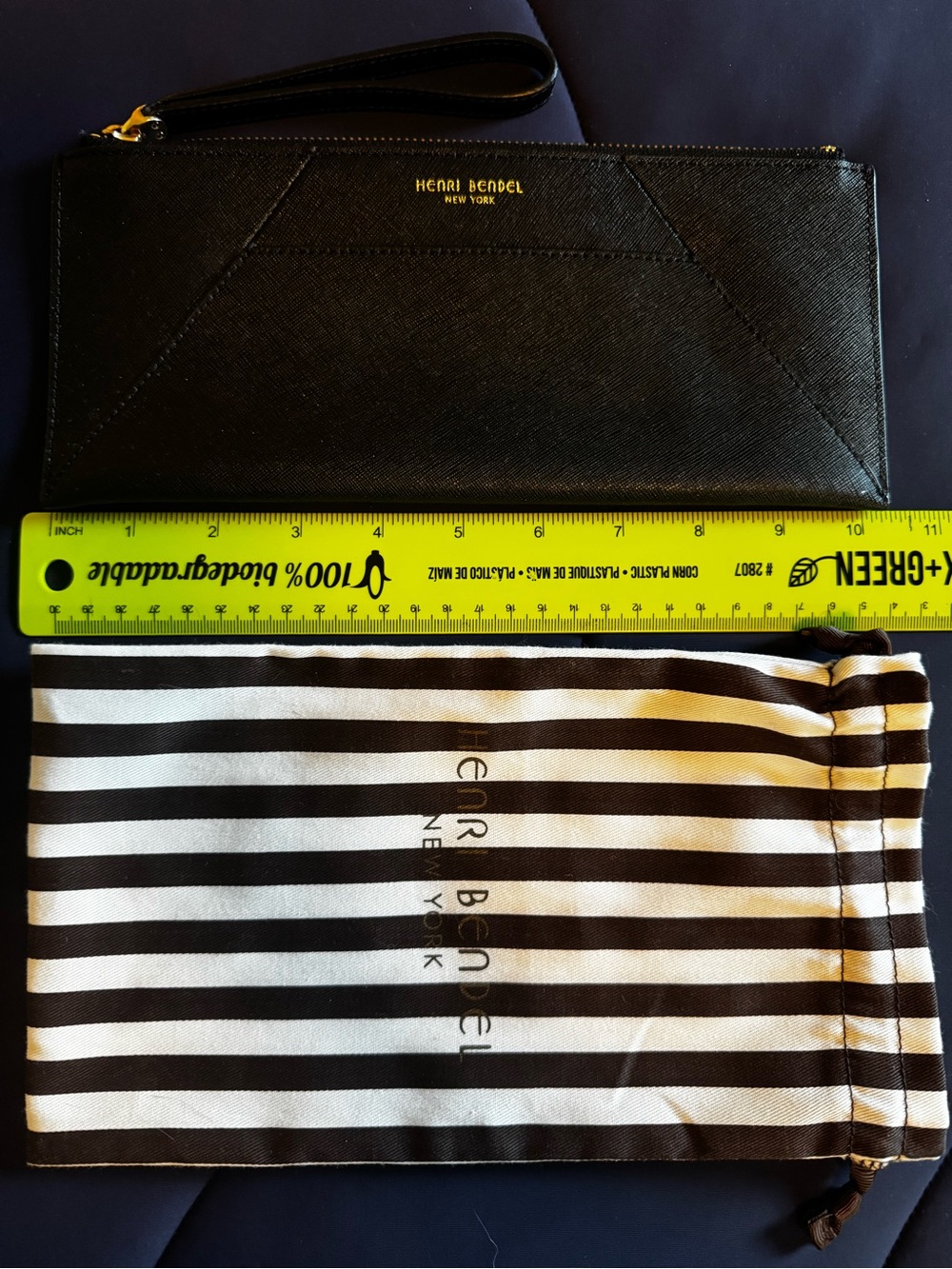 henri bendel Black Leather Wristlet with Gold Logo